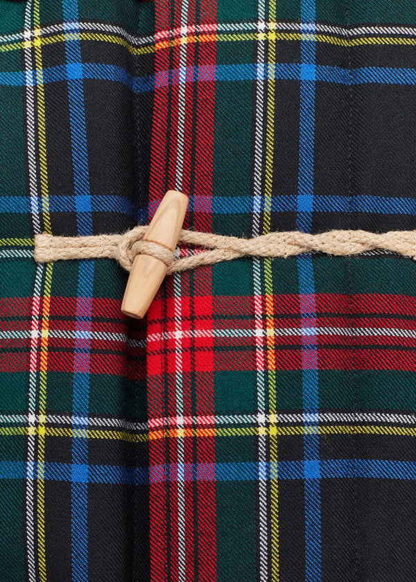 Black Stewart tartan duffle coat toggle detail.